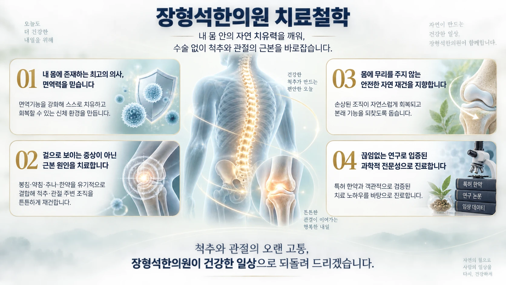 장형석한의원 치료철학 안내 그림 — 가운데 척추와 무릎 관절 그림을 두고 면역력, 근본 원인, 안전한 자연 재건, 과학적 전문성의 네 가지 원칙을 카드로 정리했습니다. 내용은 아래 글과 같습니다.
