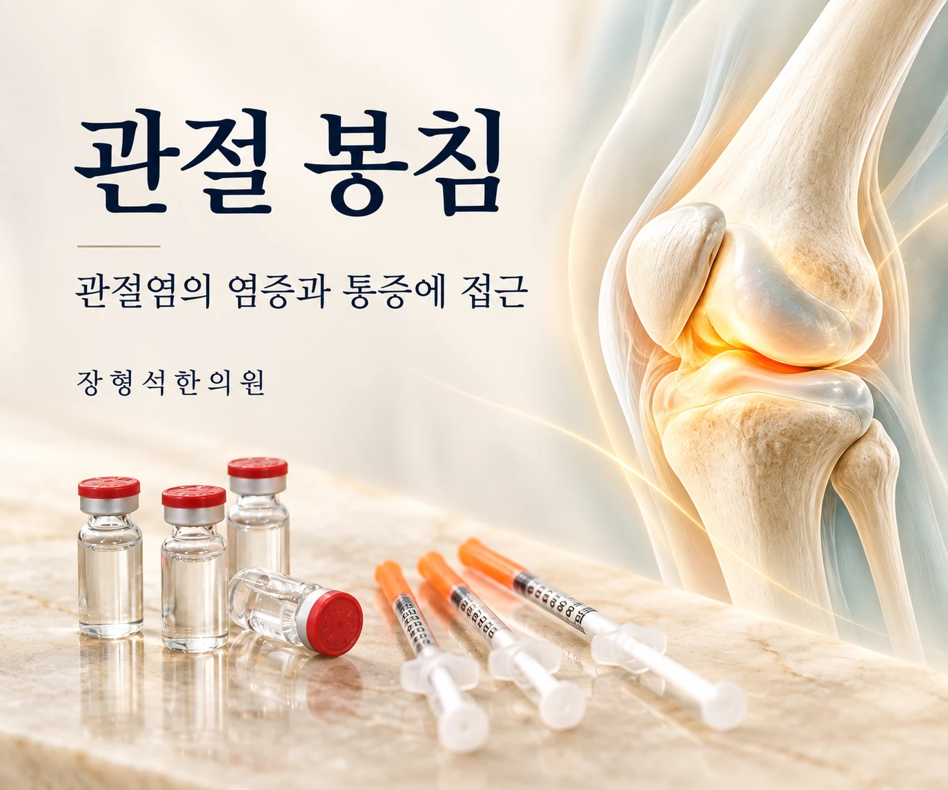관절 봉침 — 관절염의 염증과 통증에 접근. 무릎관절 사이가 붉게 빛나는 그림과 봉독 약병 · 주사기