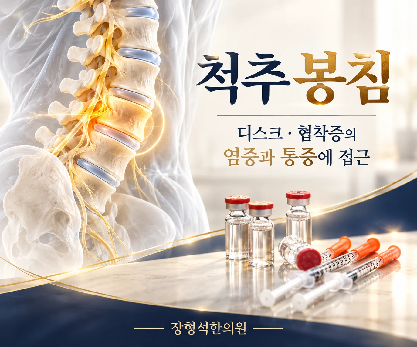 척추 봉침 — 디스크 · 협착증의 염증과 통증에 접근. 허리뼈 사이 신경 주변이 붉게 빛나는 그림과 봉독 약병 · 주사기