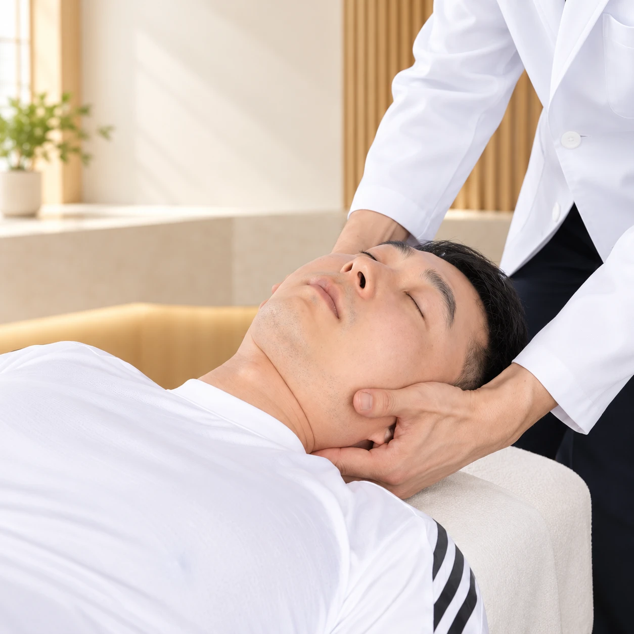 바로 누운 환자의 머리와 목을 두 손으로 받치고 경추를 교정하는 장면