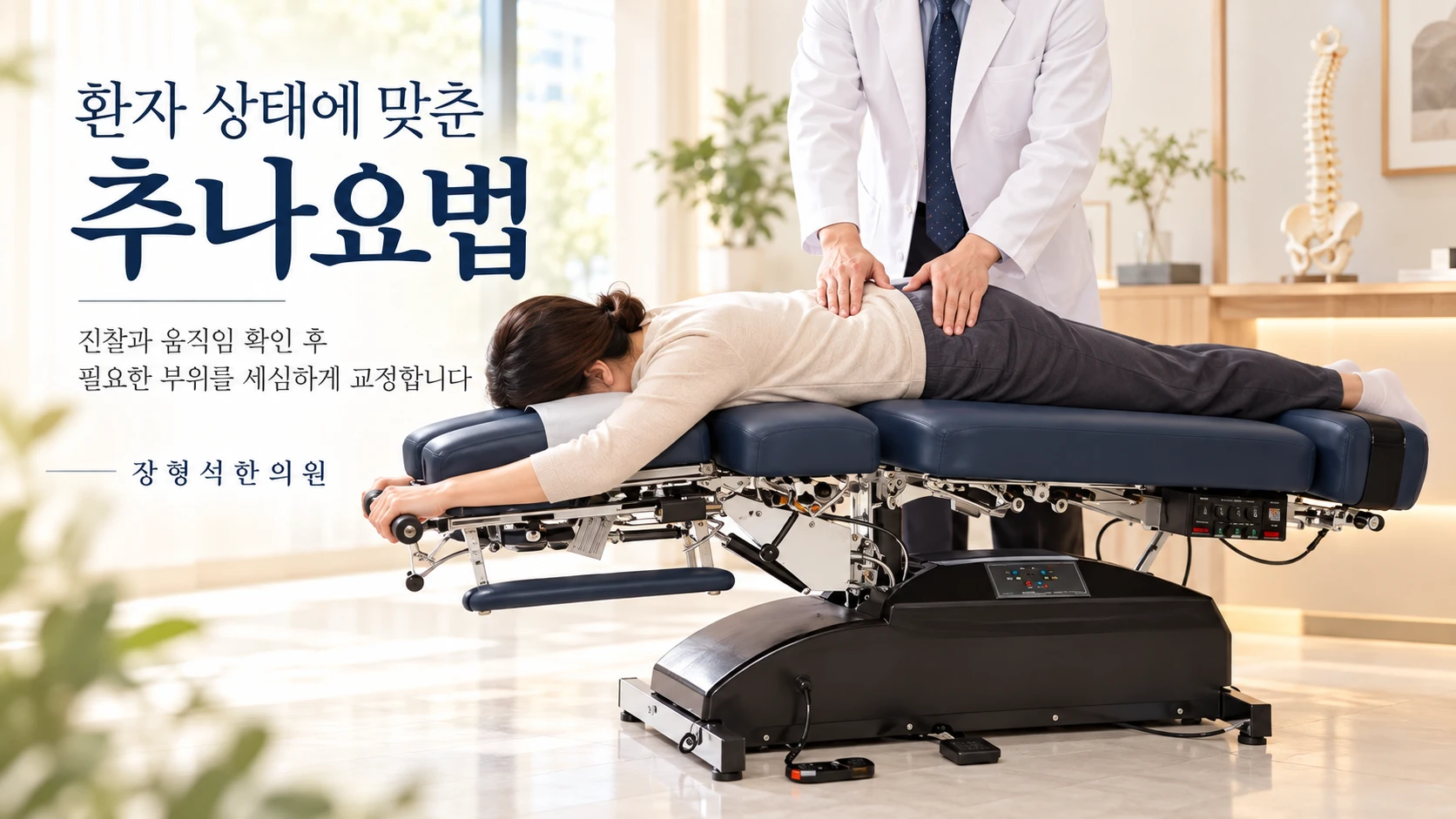 환자 상태에 맞춘 추나요법 — 추나 전용 테이블에 엎드린 환자의 허리를 의료진이 두 손으로 교정하는 모습. 진찰과 움직임 확인 후 필요한 부위를 세심하게 교정합니다