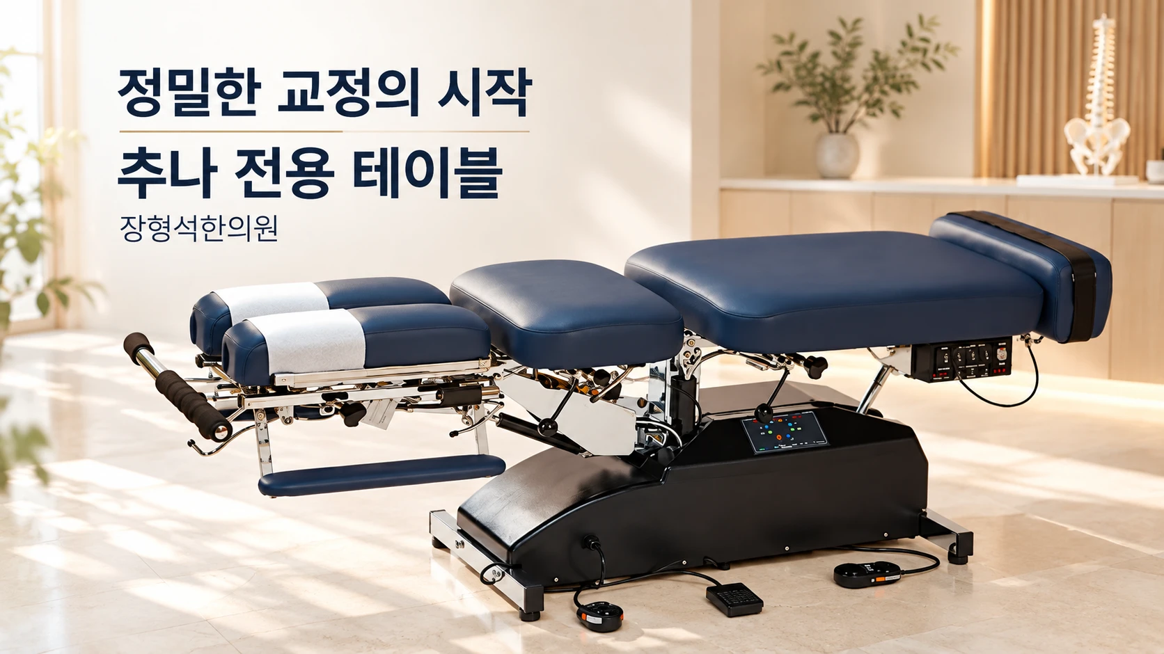 정밀한 교정의 시작, 추나 전용 테이블 — 부위별로 나뉘어 높이와 각도를 맞추는 남색 추나 테이블