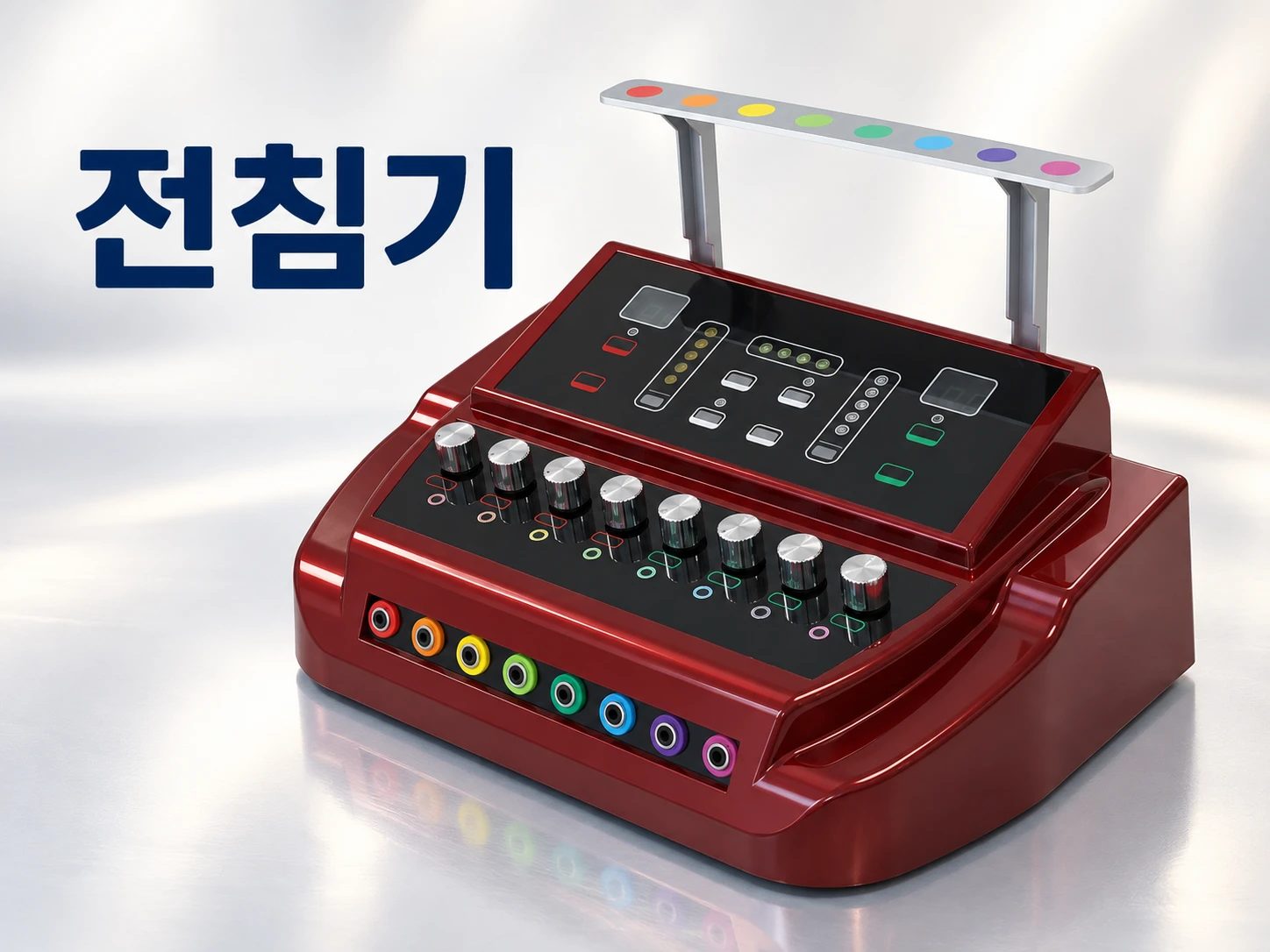전침기 — 여덟 개의 조절 손잡이와 색색의 연결 단자가 달린 빨간 전침 치료기