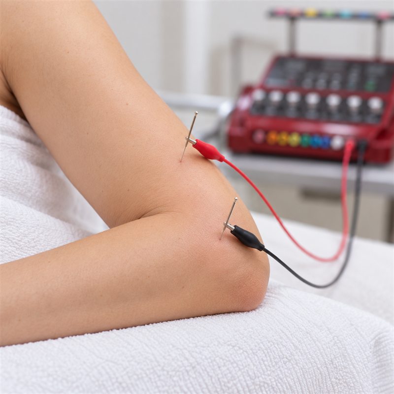 팔꿈치에 놓은 침 두 개에 빨간 · 검은 단자를 연결한 전침치료