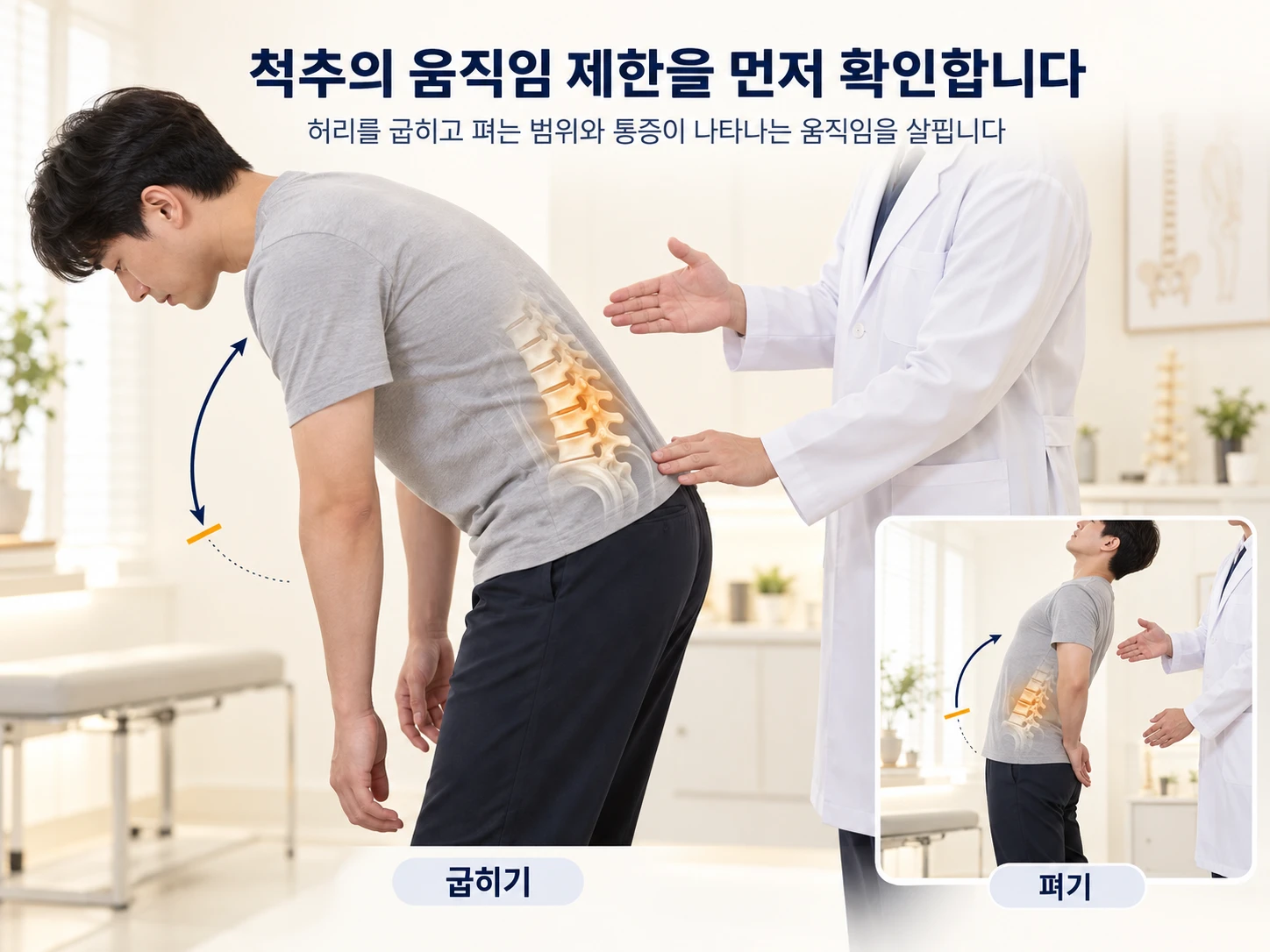척추의 움직임 제한을 먼저 확인합니다 — 허리를 굽히고 펴는 범위와 통증이 나타나는 움직임을 살핍니다. 의료진이 허리를 앞으로 굽힌 환자의 등을 짚어 보는 장면(굽히기)과, 허리를 뒤로 젖히는 작은 장면(펴기)