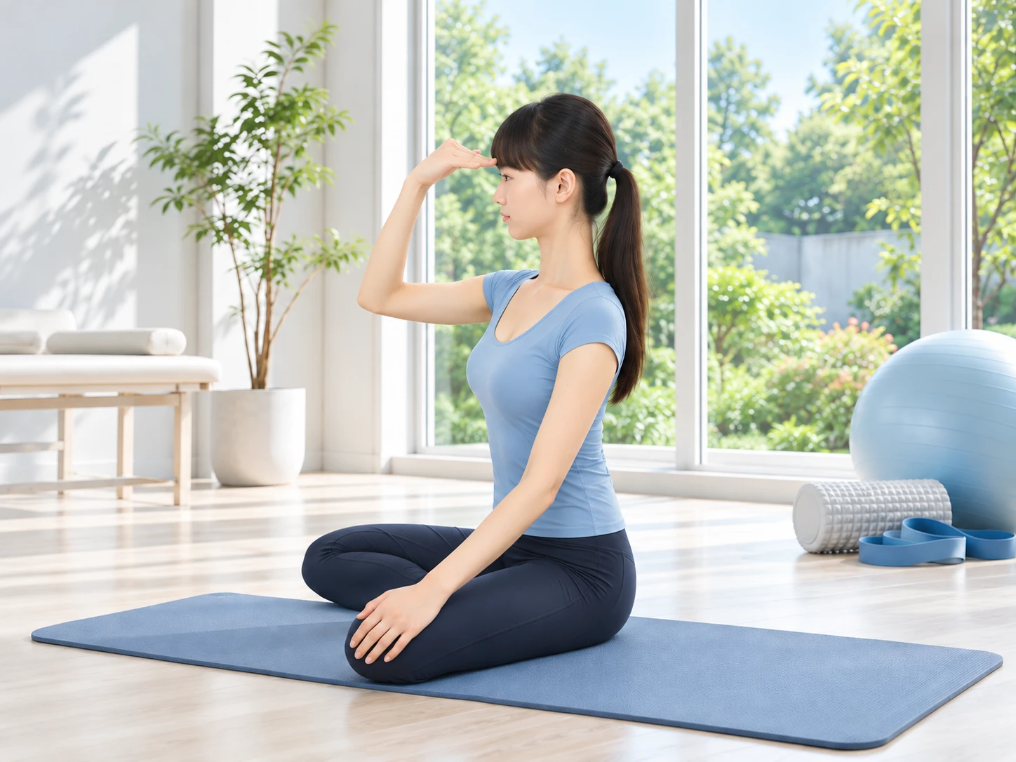 밝은 운동실 매트 위에 앉아 한 손을 이마에 대고 목 근육 운동을 하는 여성 — 뒤로 큰 창과 화분, 짐볼 · 폼롤러