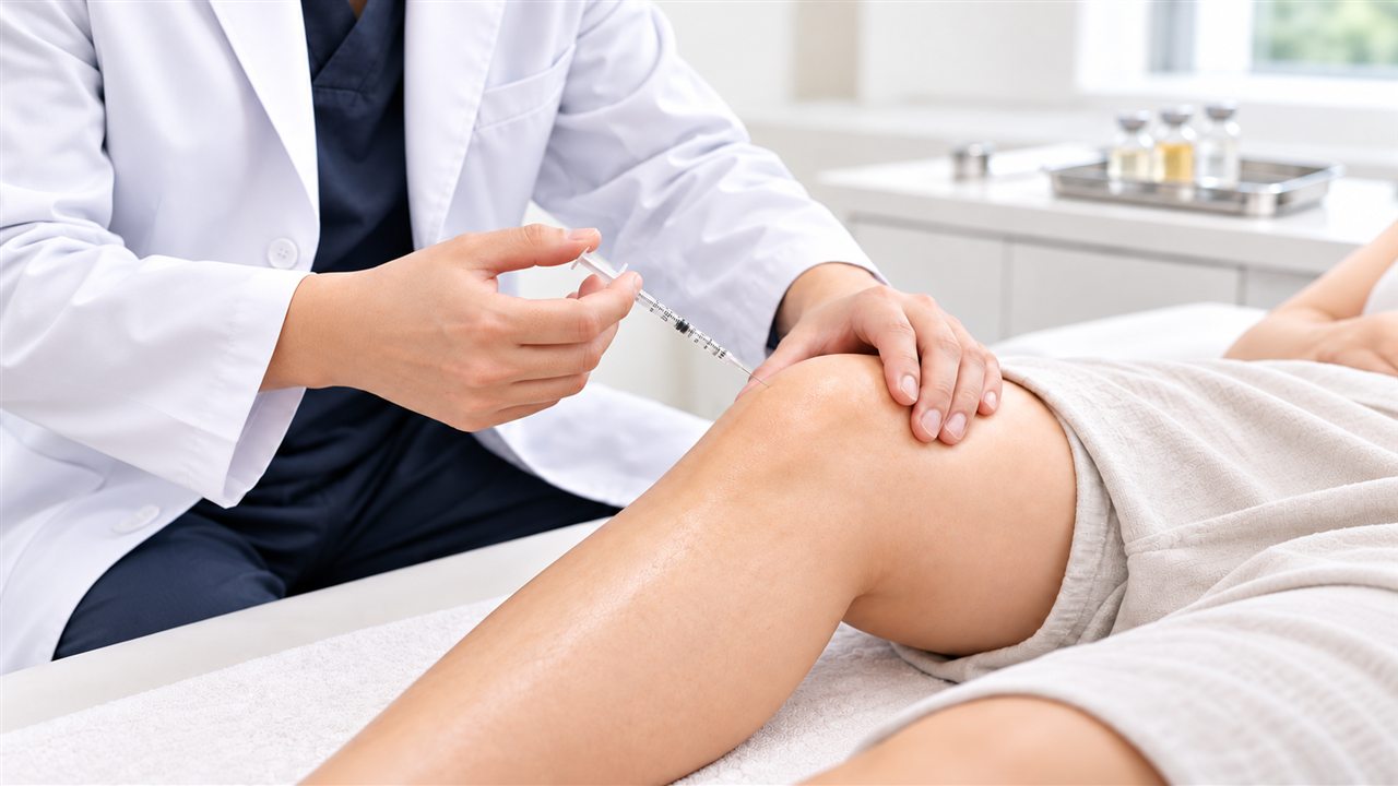 누운 환자의 무릎에 한의사가 주사기로 약침을 놓는 모습