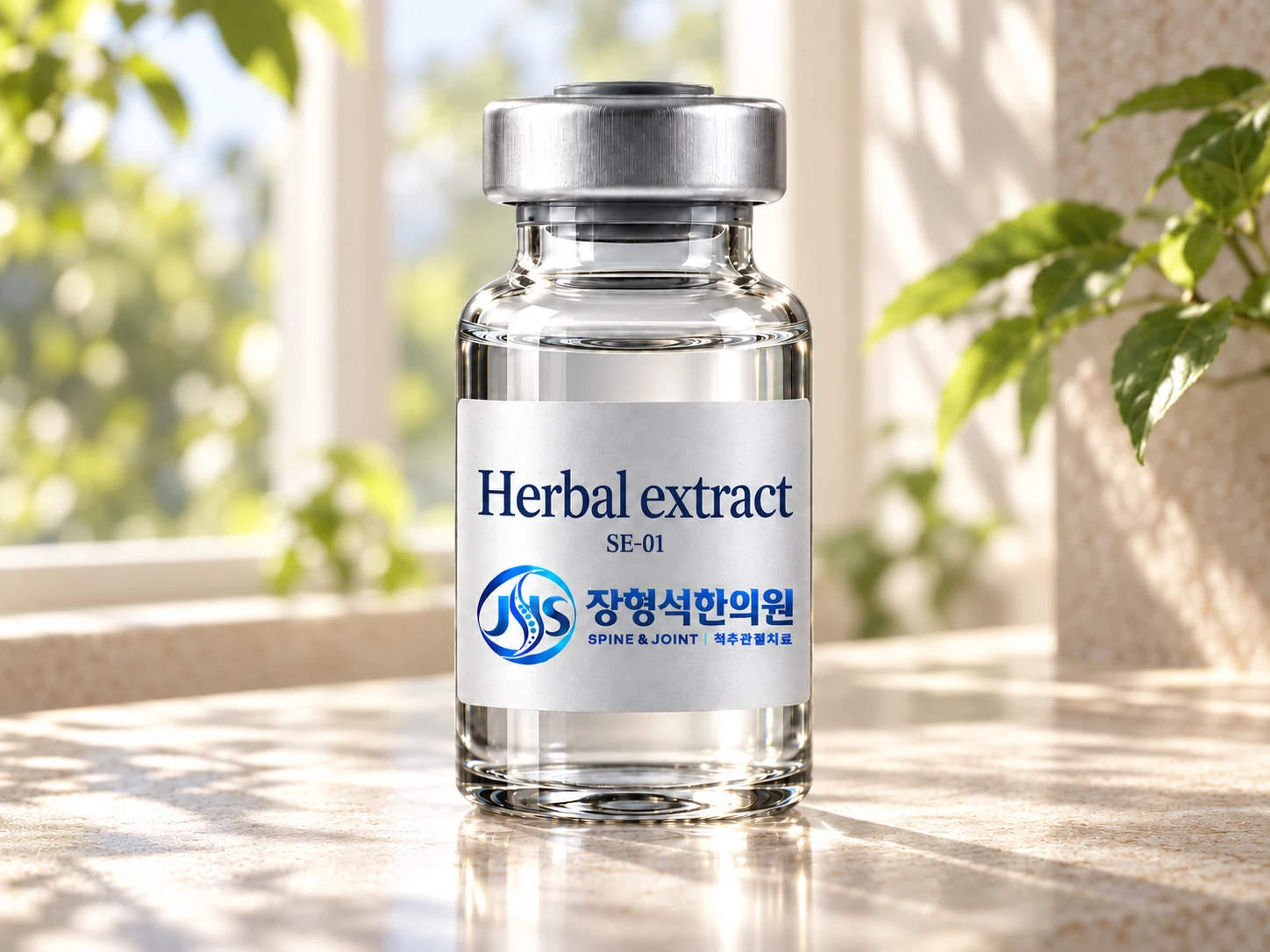 장형석한의원 로고와 Herbal extract SE-01 이라고 적힌 투명한 약침 약병 — 햇살 드는 창가와 초록 잎 배경