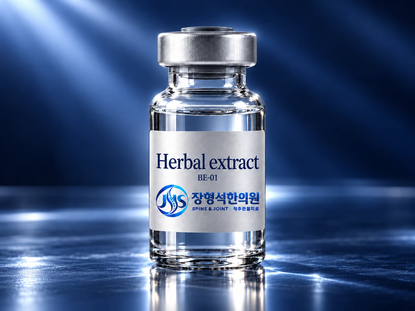장형석한의원 로고와 Herbal extract BE-01 이라고 적힌 투명한 약침 약병 — 푸른 빛 배경