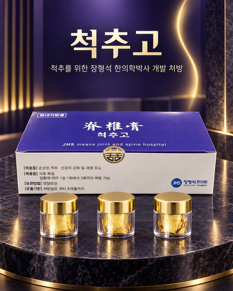 척추고 — 척추를 위한 장형석 한의학박사 개발 처방. 보라색 척추고(脊椎膏) 상자와 금색 뚜껑 용기 세 개