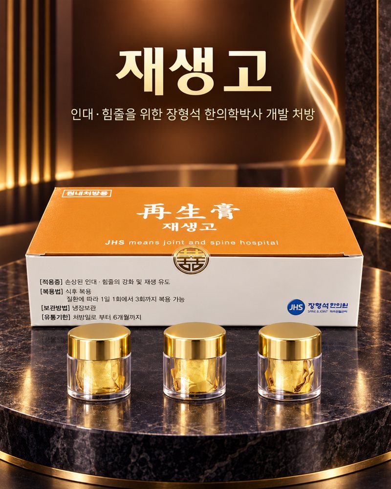 재생고 — 인대·힘줄을 위한 장형석 한의학박사 개발 처방. 주황색 재생고(再生膏) 상자와 금색 뚜껑 용기 세 개