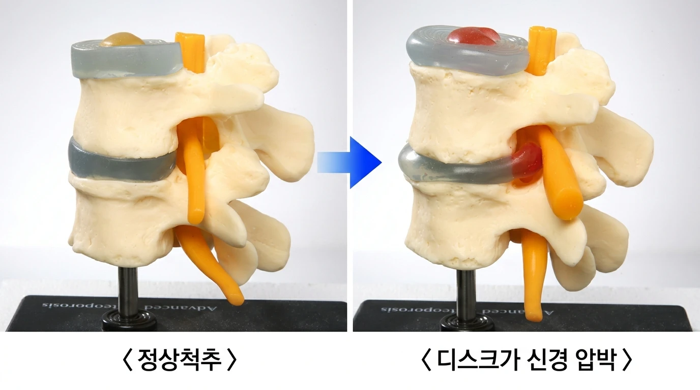 척추 모형 두 개 비교 — 왼쪽은 디스크가 제자리에 있는 정상 척추, 오른쪽은 디스크가 뒤로 밀려 나와 신경(주황색)을 누르는 척추