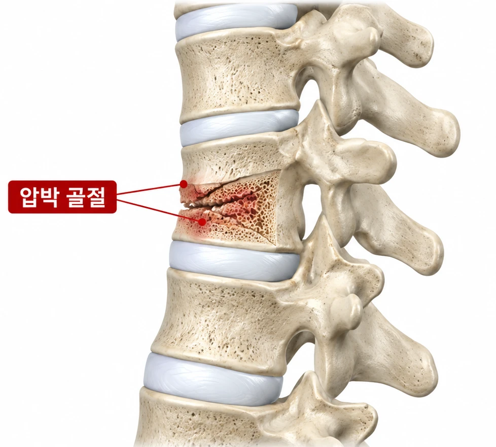 척추압박골절 그림 — 옆에서 본 허리뼈. 가운데 척추뼈가 위아래로 눌려 납작해지고 부러진 자리가 붉게 표시되어 있으며 '압박 골절' 이라고 적혀 있는 모습