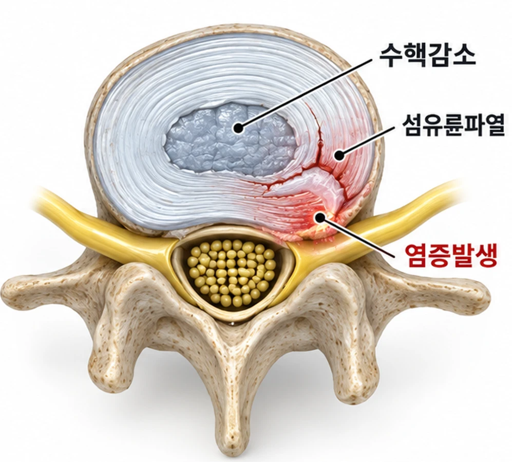 퇴행성디스크 그림 — 위에서 본 추간판 단면. 가운데 수핵이 줄어들고(수핵감소), 섬유륜이 찢어지고(섬유륜파열), 찢어진 자리에 염증이 생긴(염증발생) 모습