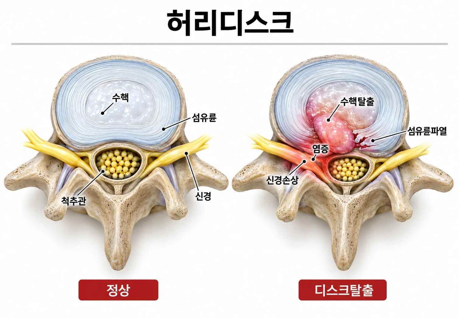 허리디스크 그림 — 정상 추간판(수핵 · 섬유륜 · 척추관 · 신경)과, 섬유륜이 찢어져 수핵이 탈출하고 신경에 염증이 생긴 추간판을 나란히 그린 단면도