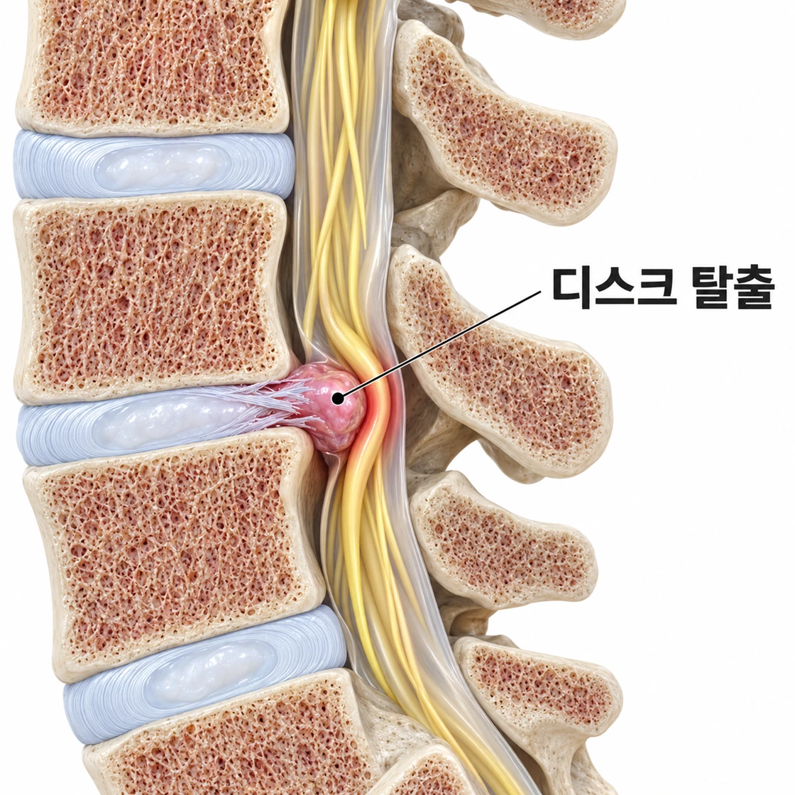 디스크 탈출 그림 — 옆에서 본 허리뼈. 뼈마디 사이 추간판이 뒤로 밀려 나와 척추관 안의 노란 신경다발을 누르고, 눌린 자리가 붉게 부어 있는 모습