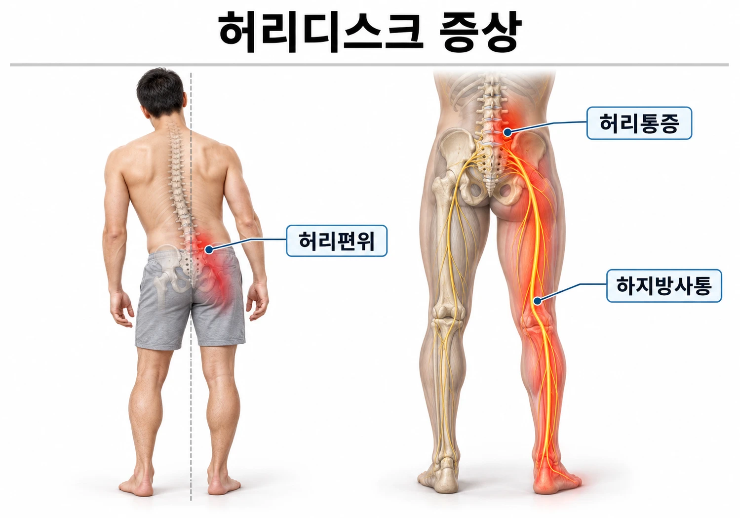 허리디스크 증상 그림 — 허리가 한쪽으로 기우는 모습, 허리통증, 엉덩이에서 다리 · 발끝까지 뻗치는 방사통