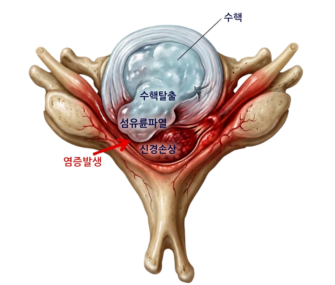 목디스크 그림 — 위에서 본 목뼈 단면. 섬유륜이 찢어져(섬유륜파열) 수핵이 빠져나오고(수핵탈출) 신경을 눌러(신경손상) 주변에 염증이 생긴(염증발생) 모습