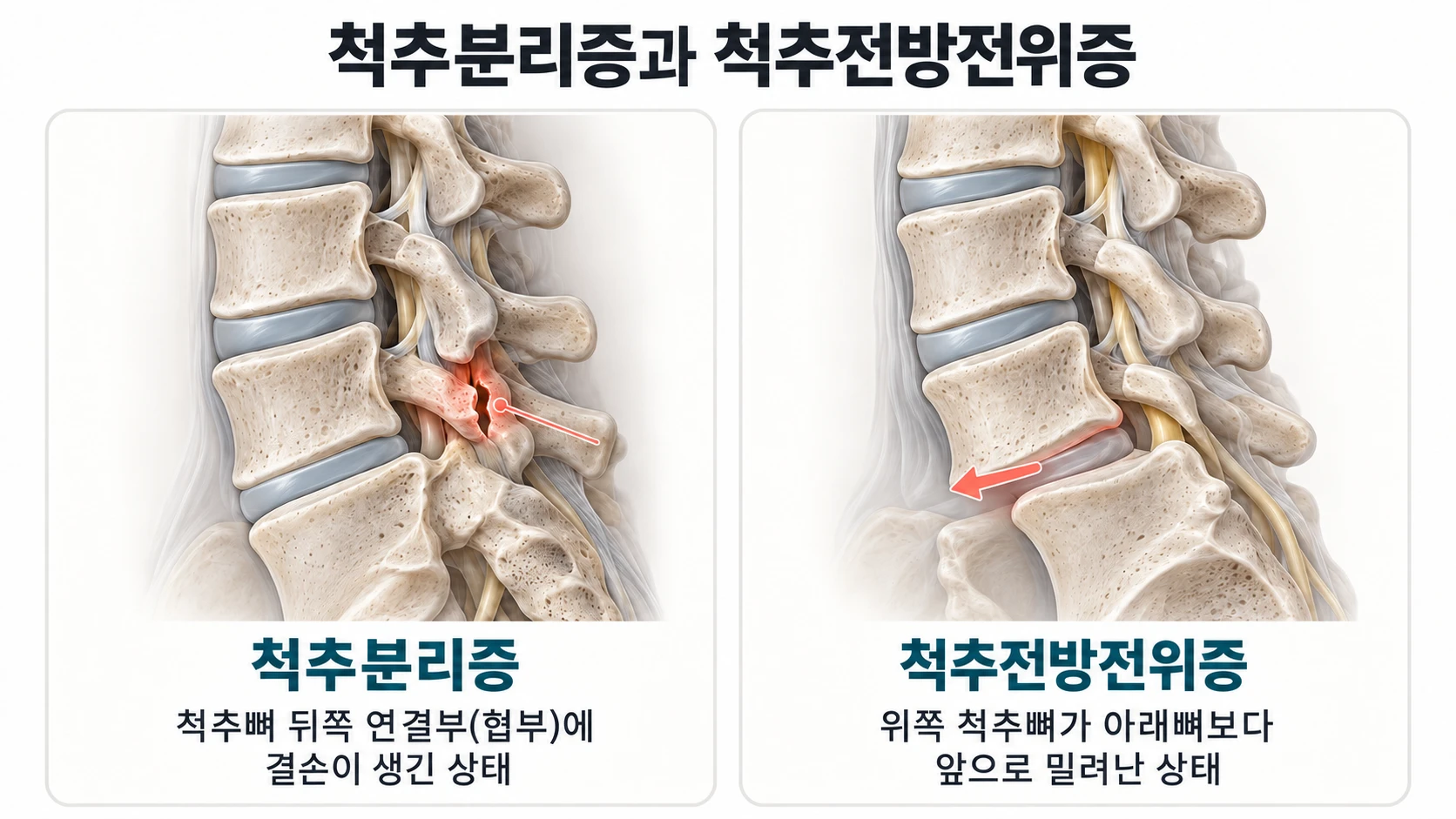 척추분리증과 척추전방전위증 비교 그림 — 왼쪽은 척추뼈 뒤쪽 연결부(협부)에 결손이 생긴 척추분리증, 오른쪽은 위쪽 척추뼈가 아래뼈보다 앞으로 밀려난 척추전방전위증