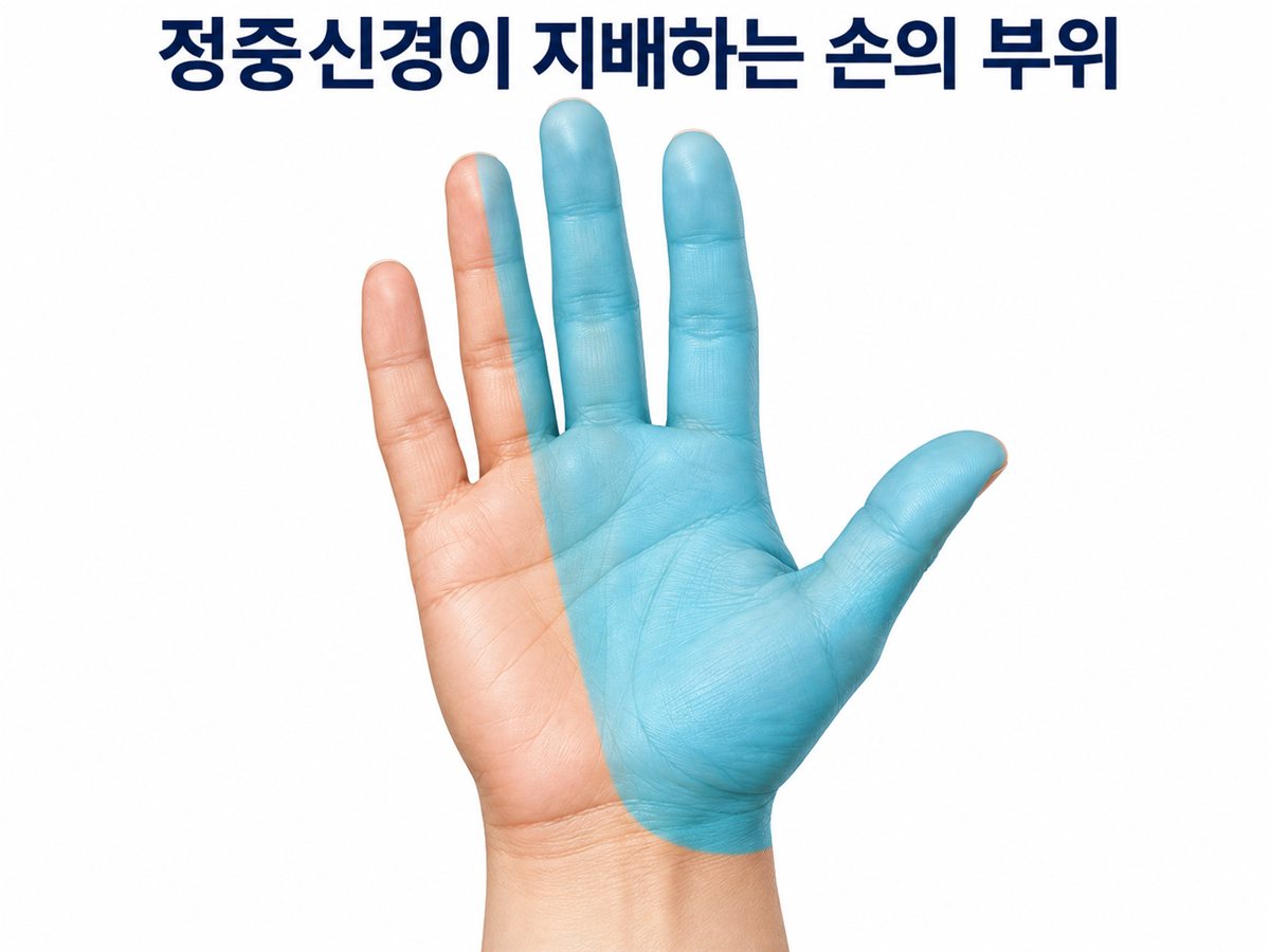 정중신경이 지배하는 손의 부위 — 엄지 · 검지 · 중지와 약지 안쪽, 손바닥이 파랗게 표시된 손