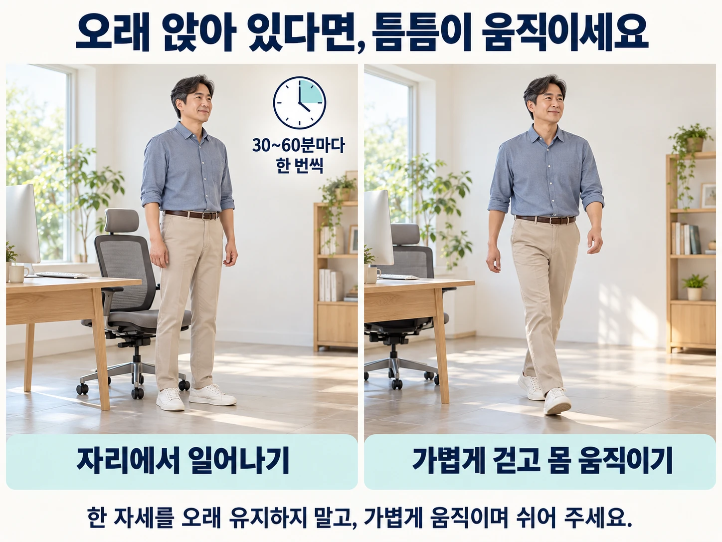 오래 앉아 있다면, 틈틈이 움직이세요 — 30~60분마다 한 번씩 자리에서 일어나 가볍게 걷고 몸을 움직이기