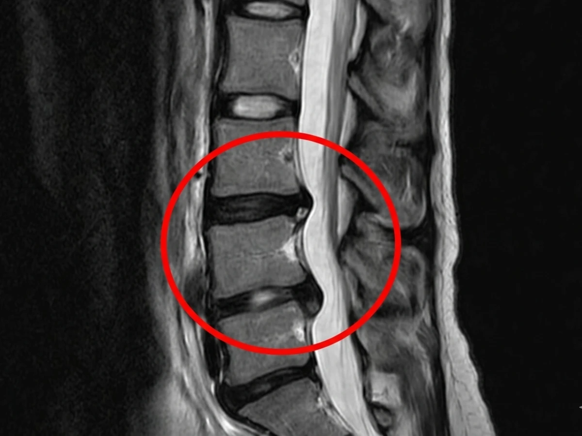 허리 MRI 옆모습 — 빨간 원 안의 디스크가 수분이 줄어 어둡게 보이고 높이가 낮아진 퇴행성디스크