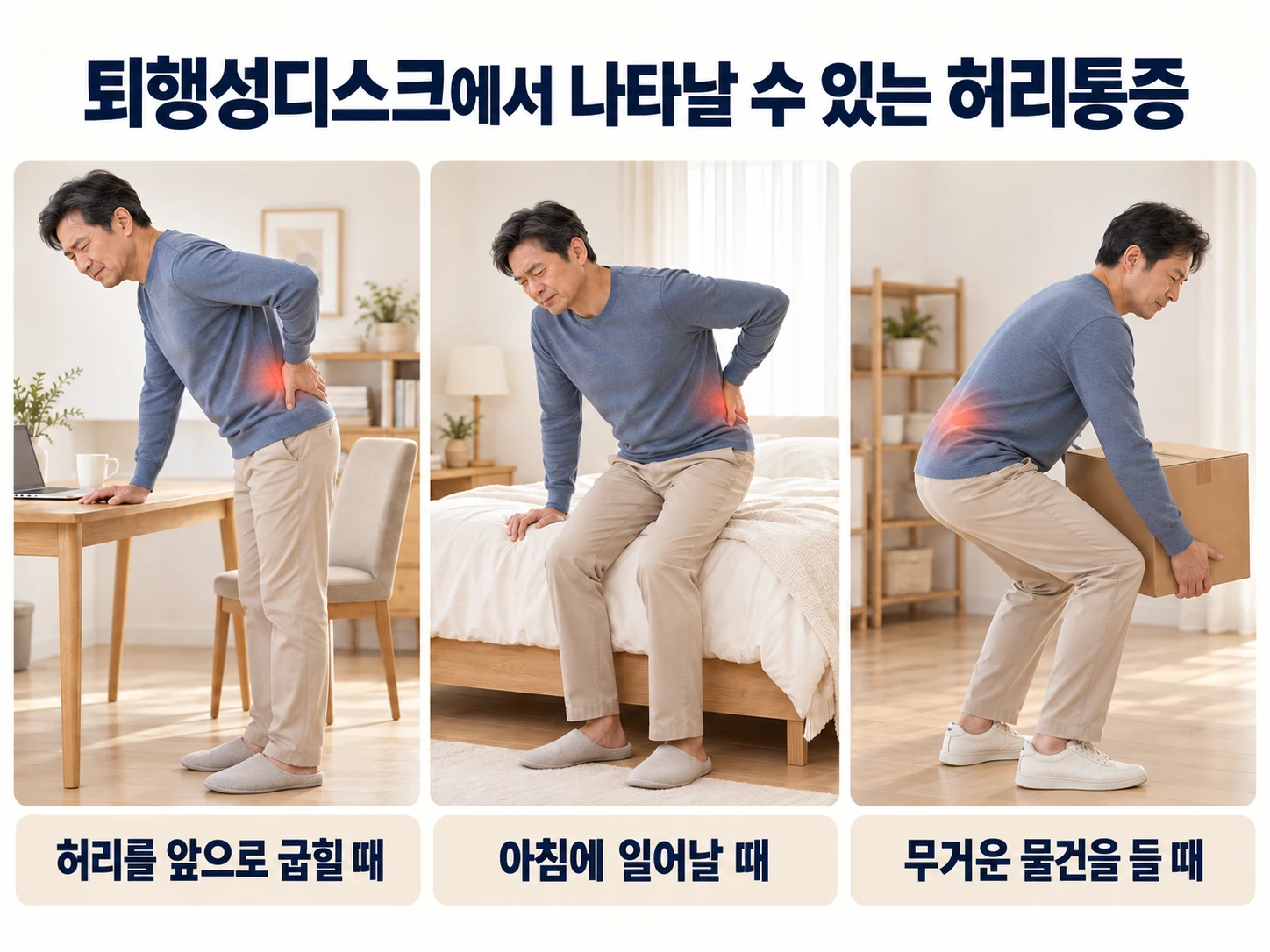 퇴행성디스크에서 나타날 수 있는 허리통증 — 허리를 앞으로 굽힐 때, 아침에 일어날 때, 무거운 물건을 들 때
