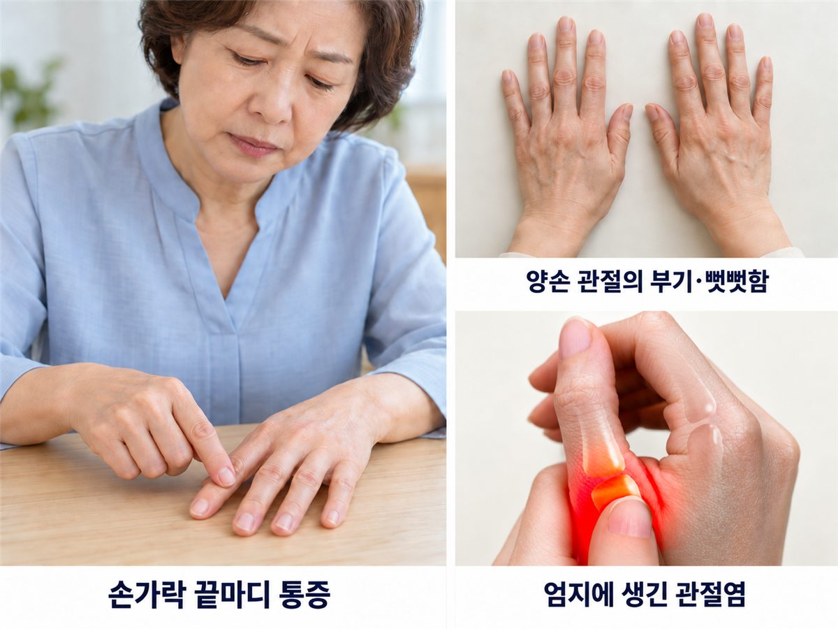 손가락 끝마디 통증, 양손 관절의 부기·뻣뻣함, 엄지에 생긴 관절염