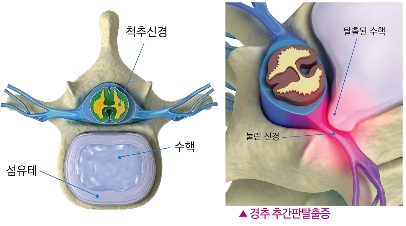 경추 단면 그림 — 왼쪽은 정상(척추신경 · 수핵 · 섬유테), 오른쪽은 경추 추간판탈출증(탈출된 수핵이 신경을 누름)