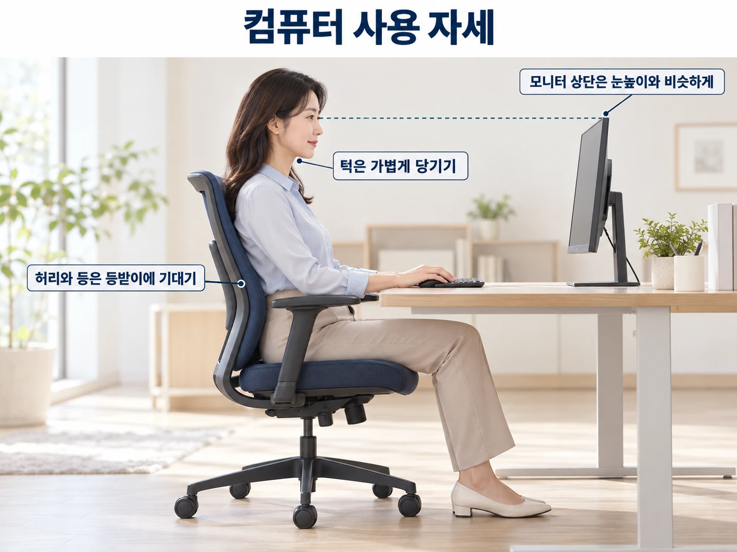 컴퓨터 사용 자세 — 허리와 등은 등받이에 기대고, 턱은 가볍게 당기고, 모니터 상단은 눈높이와 비슷하게 맞춘 모습