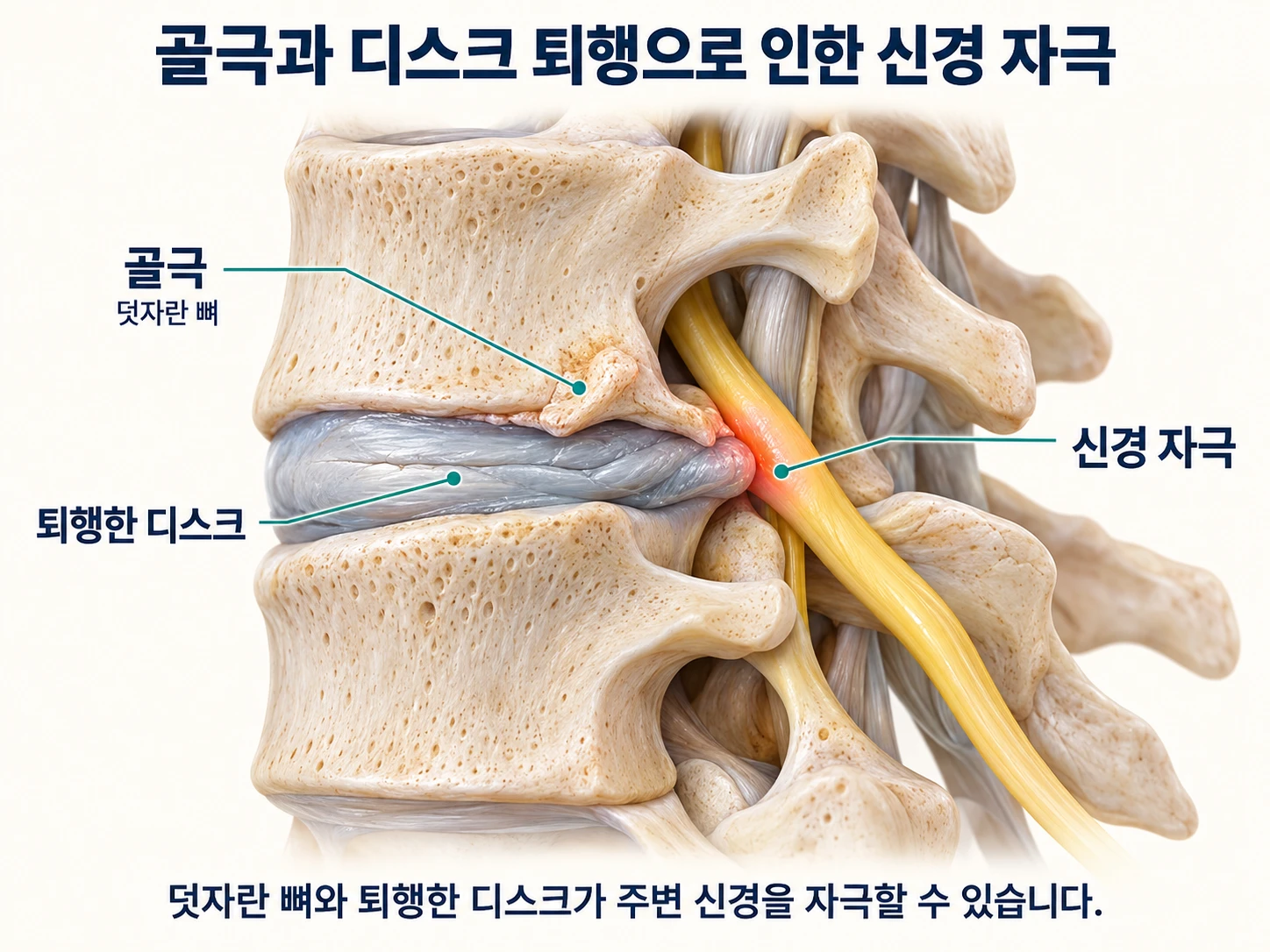 골극과 디스크 퇴행으로 인한 신경 자극 — 덧자란 뼈(골극)와 퇴행한 디스크가 주변 신경을 자극할 수 있습니다