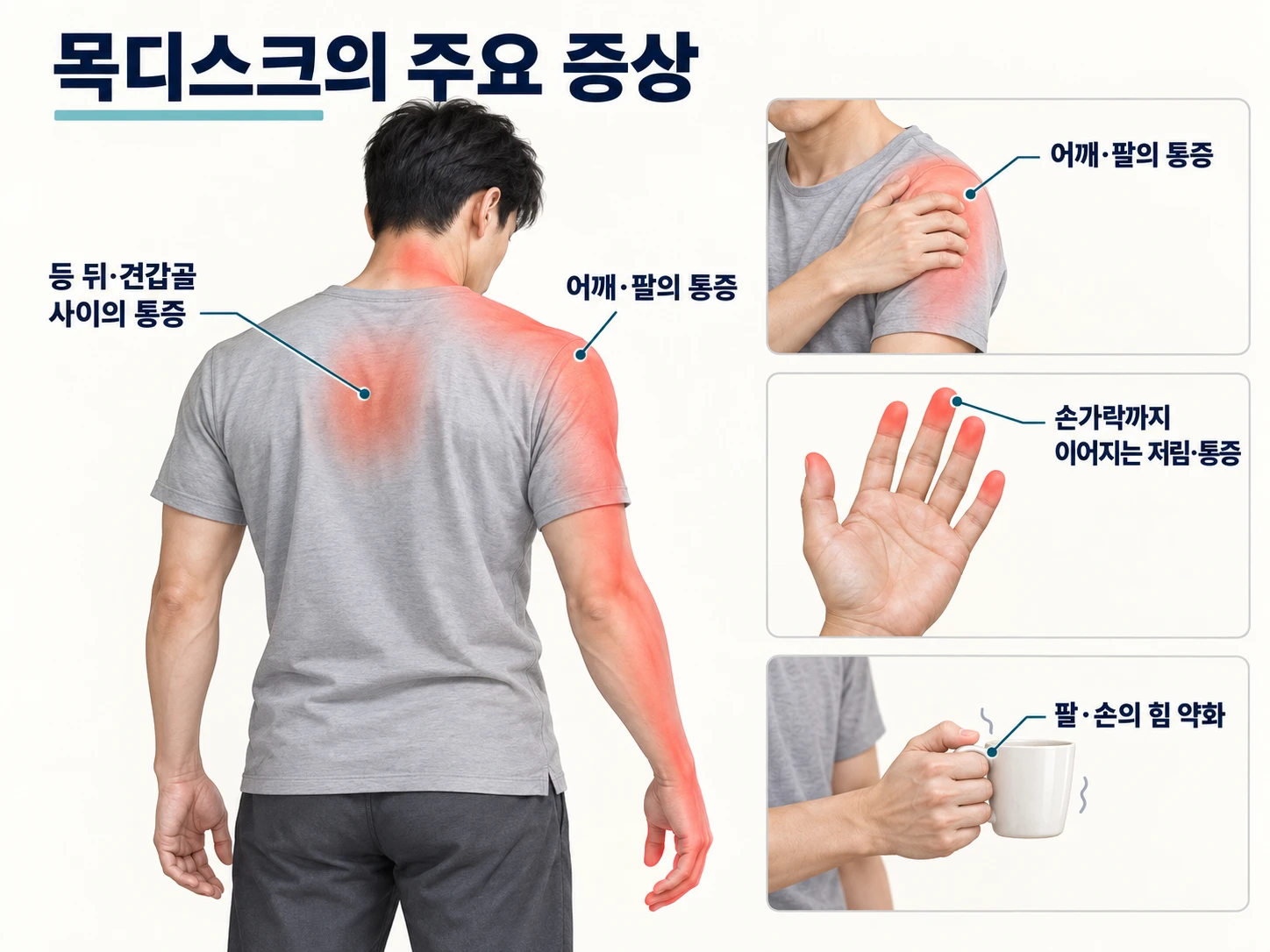 목디스크의 주요 증상 — 등 뒤·견갑골 사이의 통증, 어깨·팔의 통증, 손가락까지 이어지는 저림·통증, 팔·손의 힘 약화
