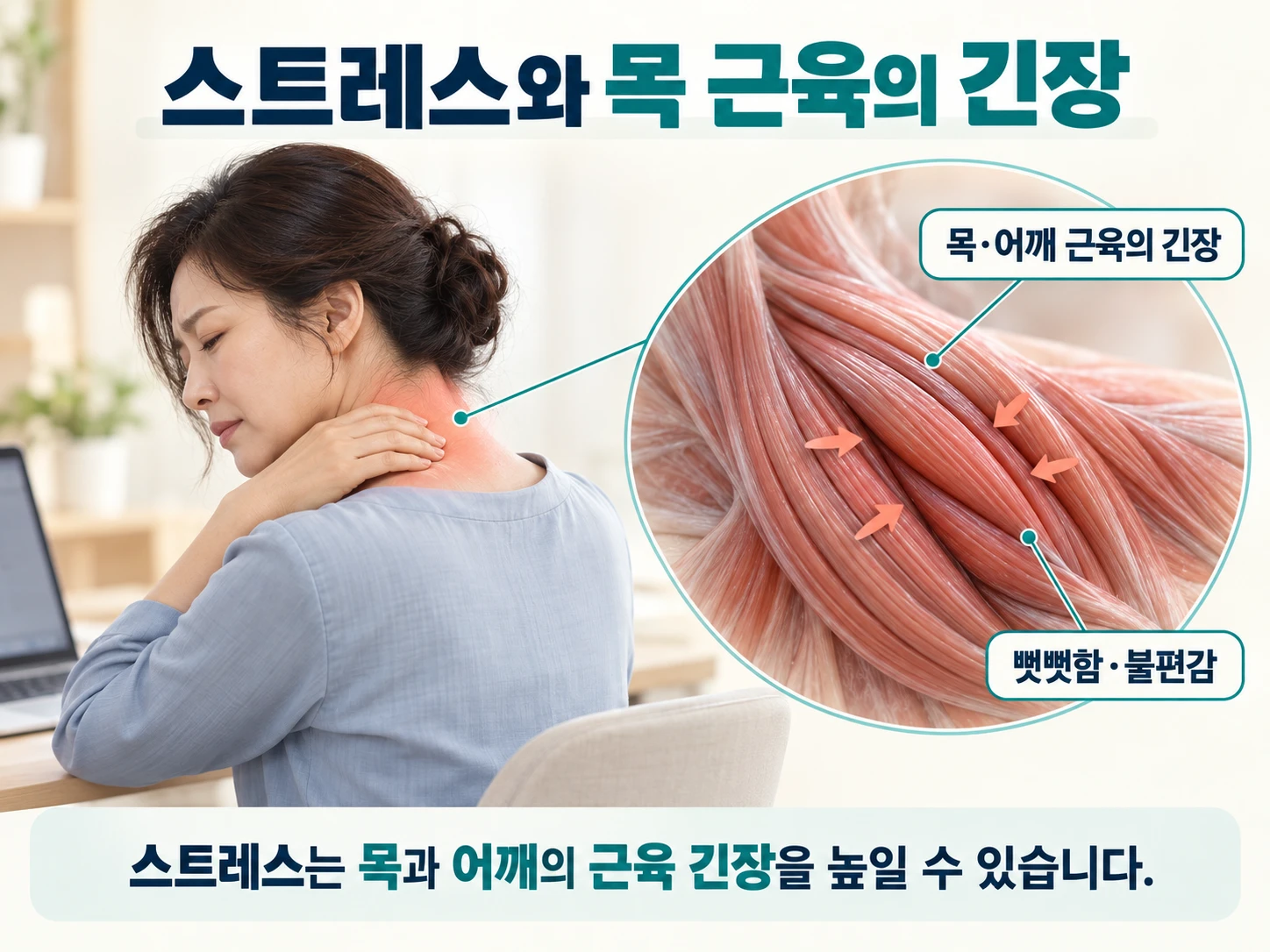 스트레스와 목 근육의 긴장 — 스트레스는 목과 어깨의 근육 긴장을 높여 뻣뻣함과 불편감을 일으킬 수 있습니다