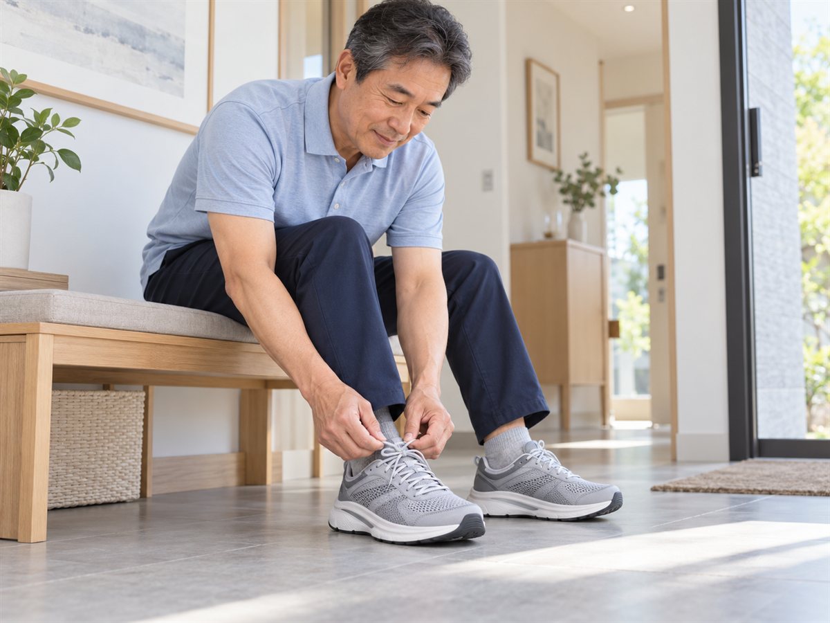 쿠션 있는 운동화 끈을 묶는 모습 — 충격을 흡수하는 신발