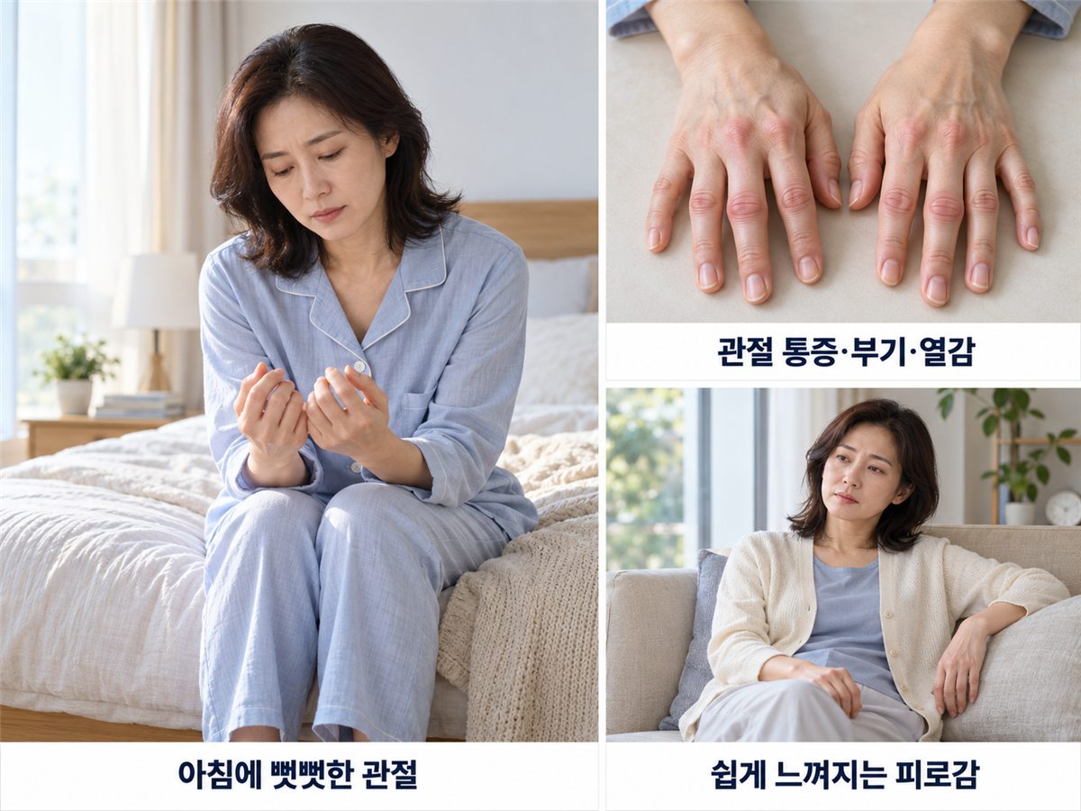 아침에 뻣뻣한 관절, 관절 통증·부기·열감, 쉽게 느껴지는 피로감