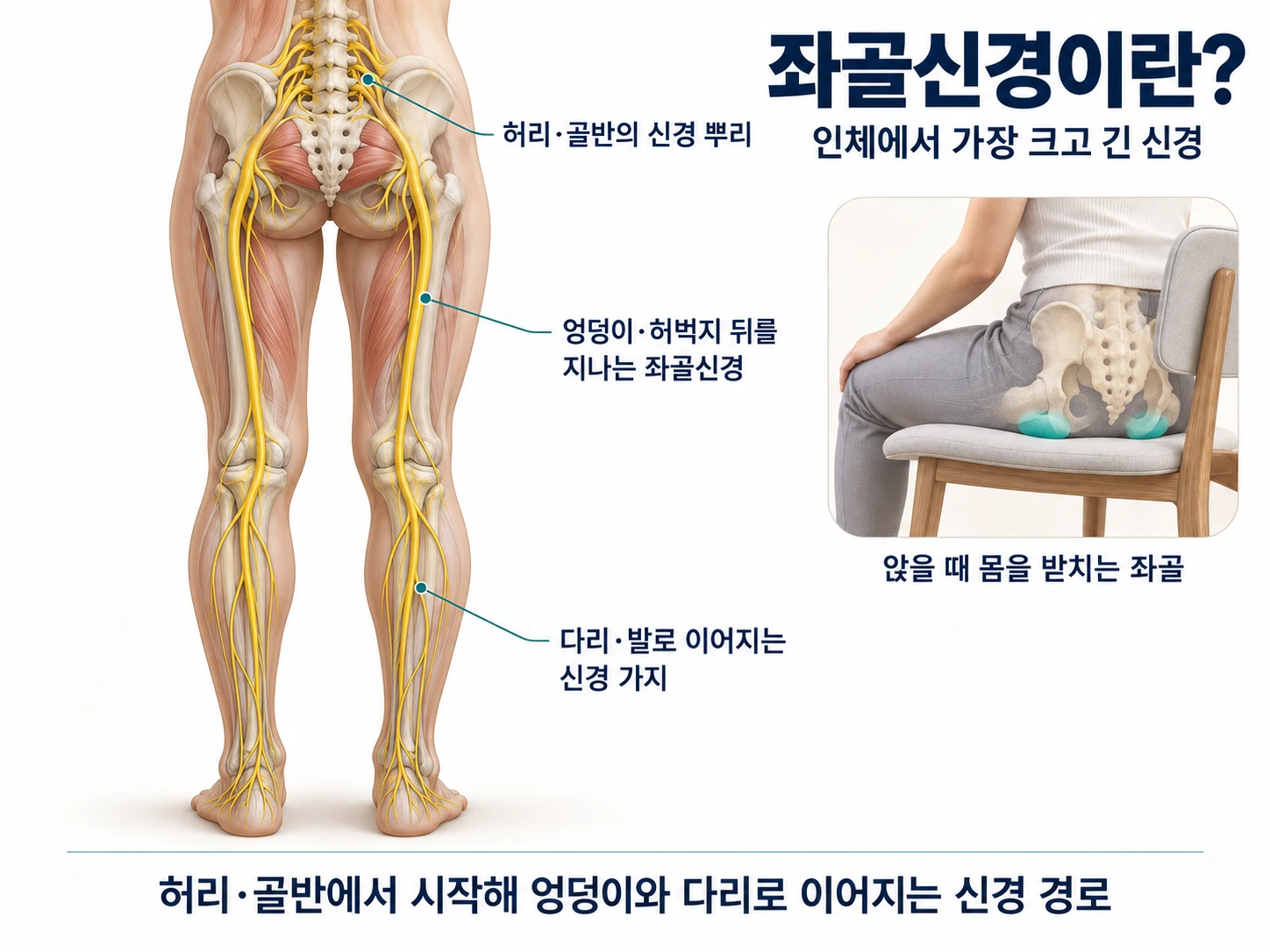 좌골신경이란? 인체에서 가장 크고 긴 신경 — 허리·골반의 신경 뿌리에서 시작해 엉덩이·허벅지 뒤를 지나 다리·발로 이어지는 좌골신경 경로와, 앉을 때 몸을 받치는 좌골