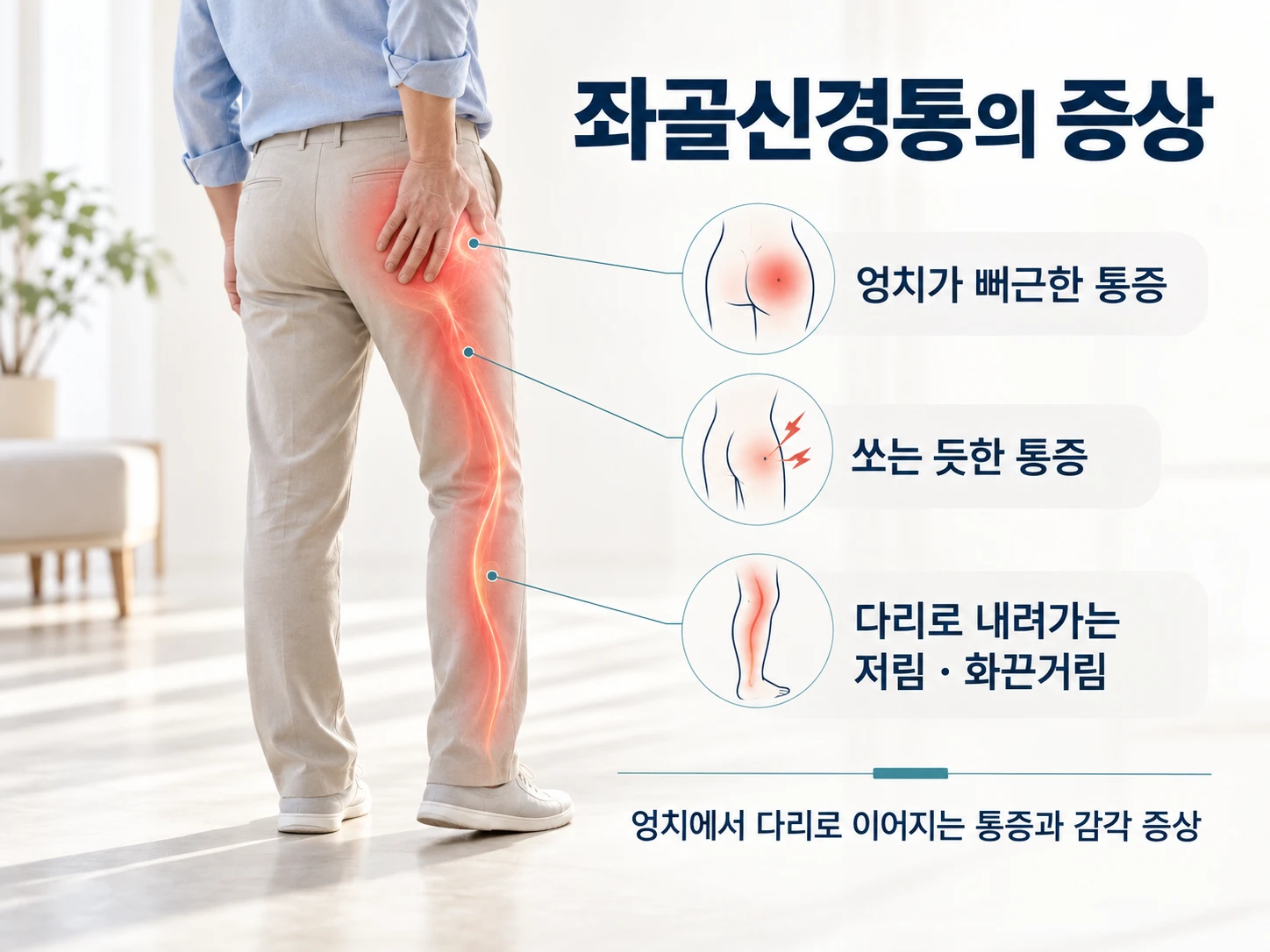 좌골신경통의 증상 — 엉치가 뻐근한 통증, 쏘는 듯한 통증, 다리로 내려가는 저림·화끈거림