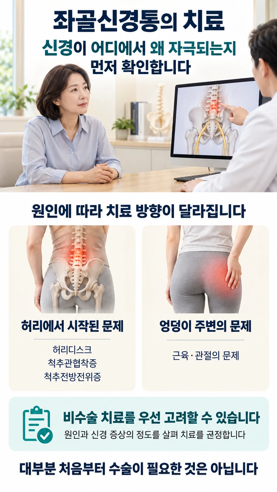 좌골신경통의 치료 — 신경이 어디에서 왜 자극되는지 먼저 확인합니다. 허리에서 시작된 문제(허리디스크 · 척추관협착증 · 척추전방전위증)인지 엉덩이 주변 근육·관절의 문제인지에 따라 치료 방향이 달라지며, 대부분 처음부터 수술이 필요한 것은 아닙니다