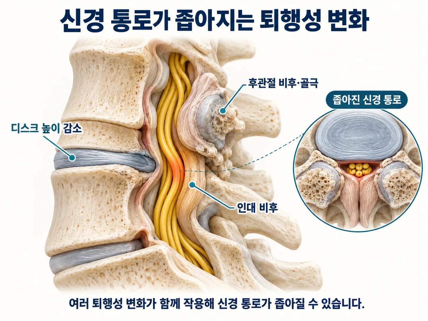 신경 통로가 좁아지는 퇴행성 변화 — 디스크 높이 감소, 후관절 비후·골극, 인대 비후가 함께 작용해 신경 통로가 좁아진 모습