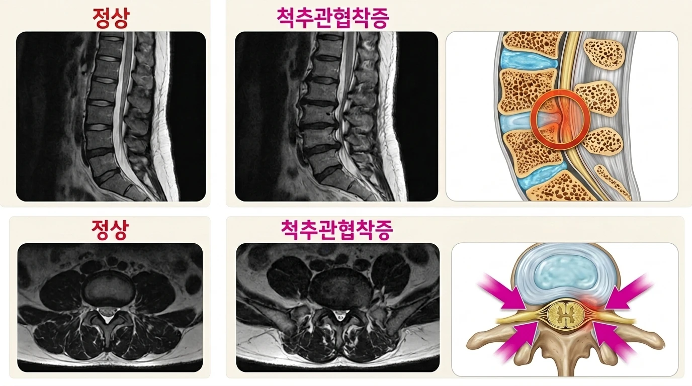 정상과 척추관협착증 비교 — 옆모습 · 단면 MRI 사진과, 좁아진 척추관이 신경을 누르는 도해