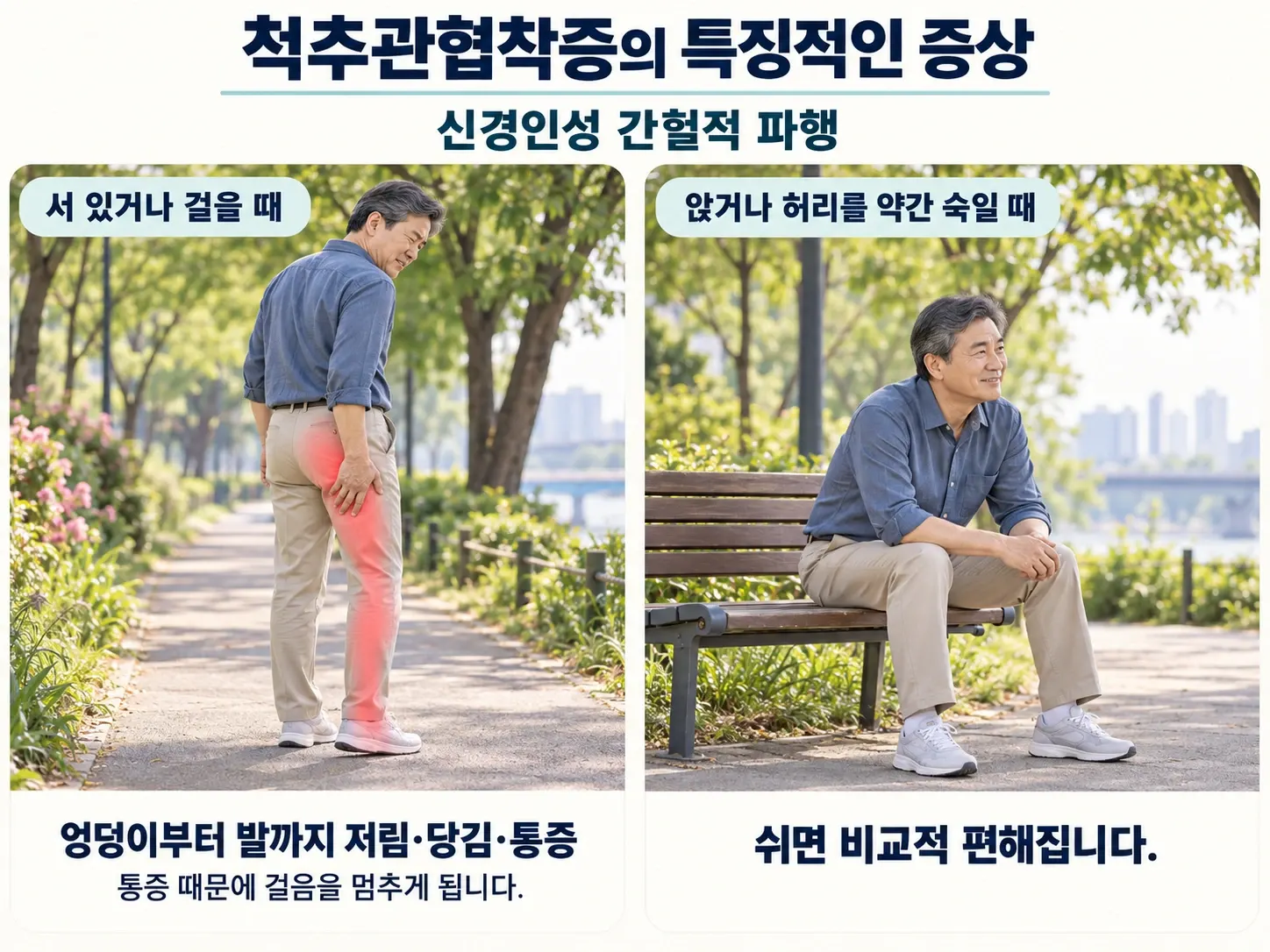 척추관협착증의 특징적인 증상, 신경인성 간헐적 파행 — 서 있거나 걸을 때 엉덩이부터 발까지 저림·당김·통증으로 걸음을 멈추고, 앉거나 허리를 약간 숙이면 비교적 편해집니다