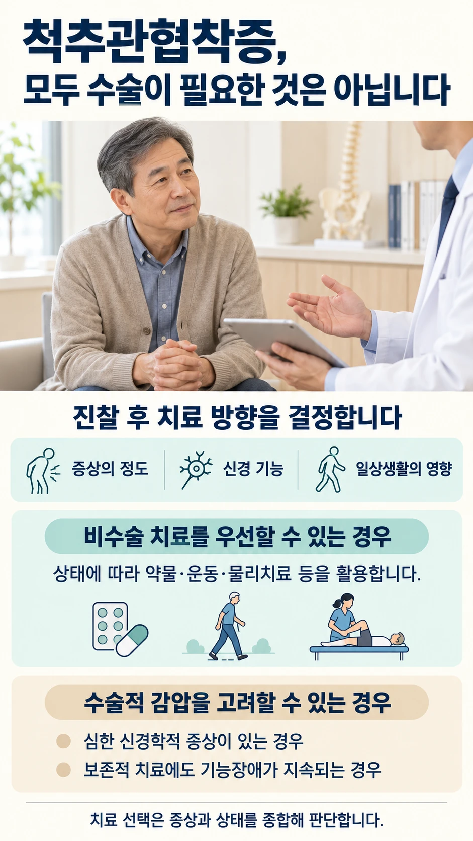 척추관협착증, 모두 수술이 필요한 것은 아닙니다 — 증상의 정도 · 신경 기능 · 일상생활의 영향을 진찰한 뒤 비수술 치료를 우선할 수 있는 경우와 수술적 감압을 고려할 수 있는 경우를 구분합니다