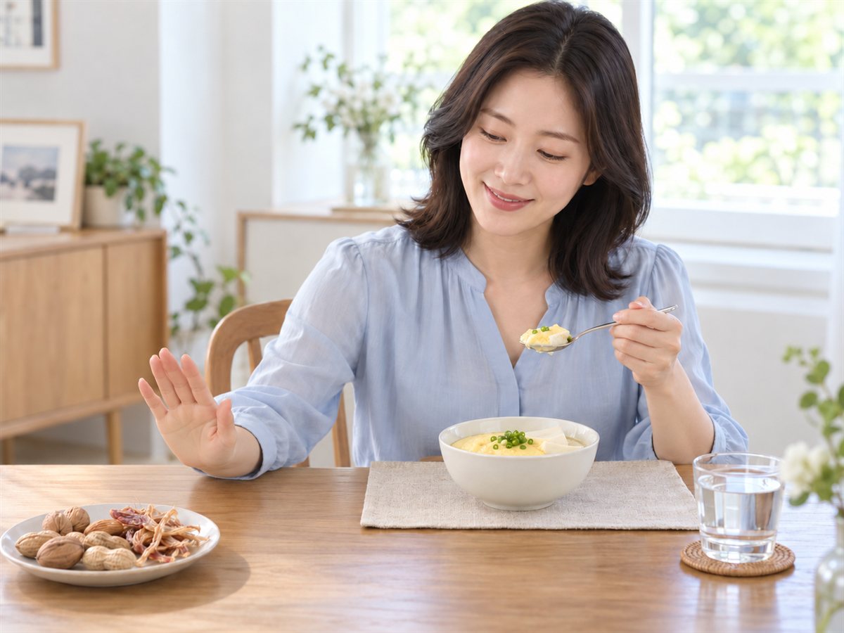 부드러운 음식을 먹고 딱딱한 견과류 · 마른오징어는 피하는 모습