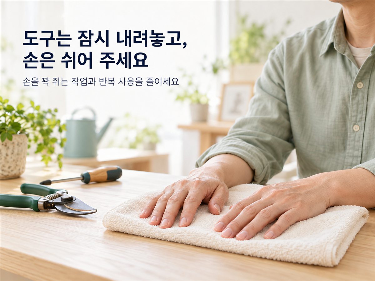 도구는 잠시 내려놓고, 손은 쉬어 주세요 — 손을 꽉 쥐는 작업과 반복 사용을 줄이세요