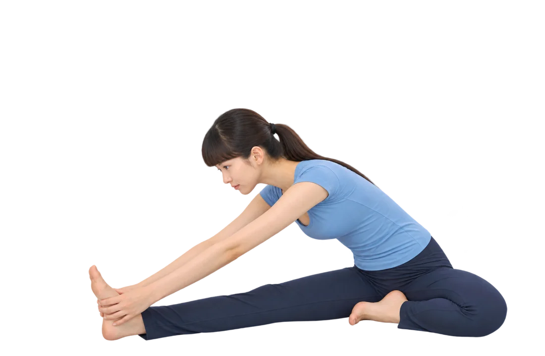 다리를 벌리고 앉아 뻗은 다리의 발끝을 향해 윗몸을 숙이는 동작 — 2단계