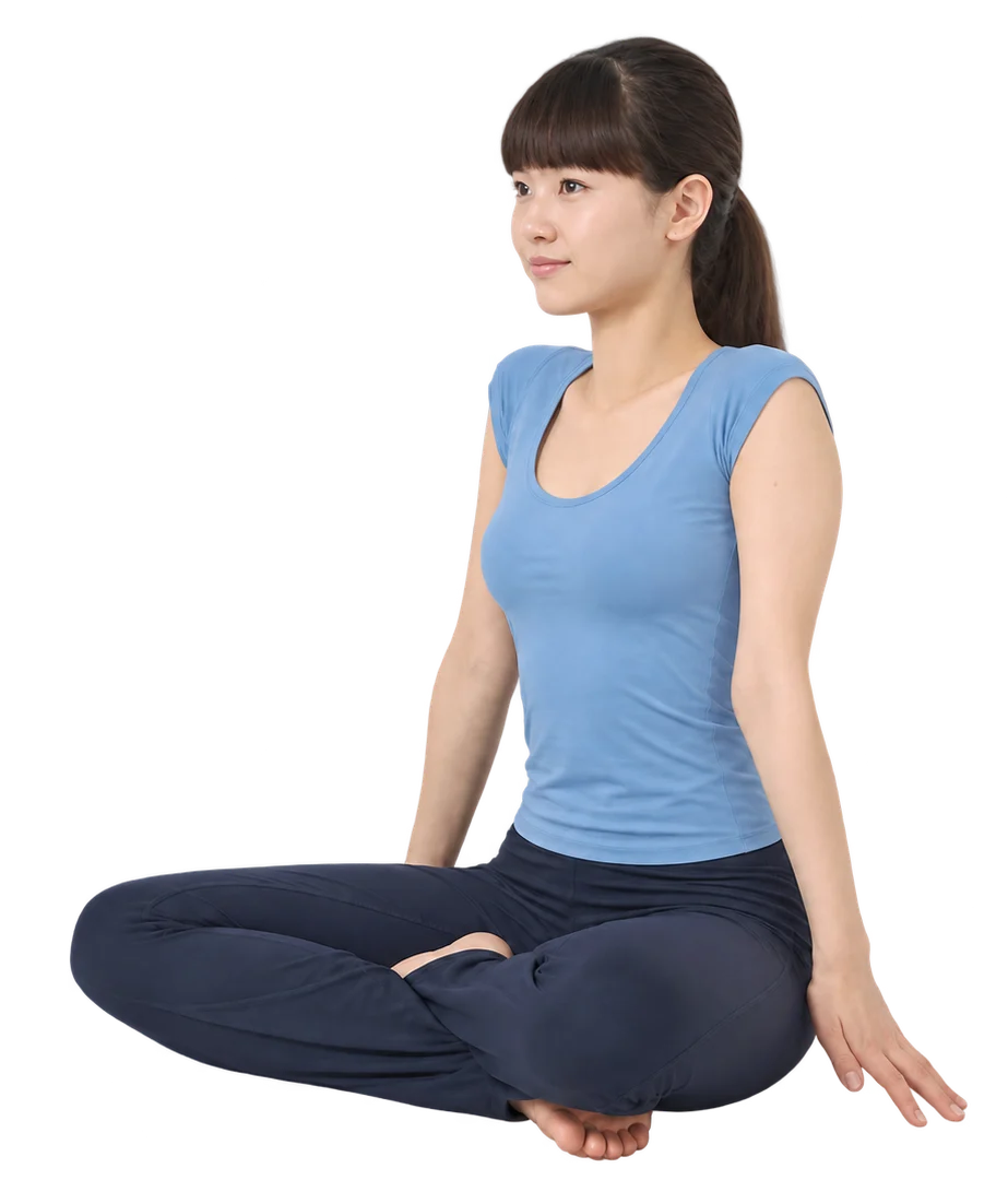 앉은 자세에서 어깨를 올리며 목을 뒤로 젖혔다가 제자리로 돌아오는 동작 — 1단계