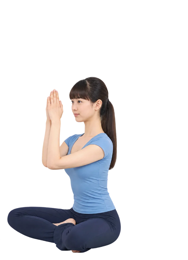 양 손바닥을 마주 대고 머리 위로 올렸다가 몸 뒤로 원을 그리며 돌리는 동작 — 1단계