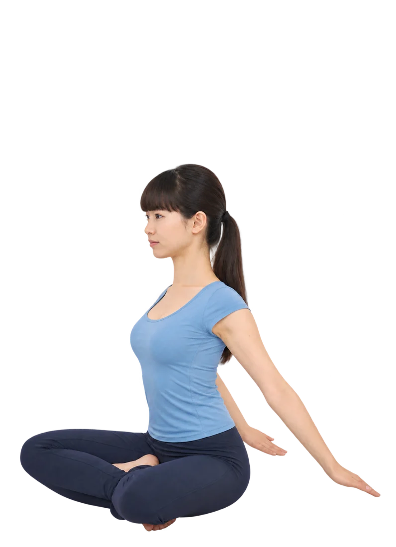 양 손바닥을 마주 대고 머리 위로 올렸다가 몸 뒤로 원을 그리며 돌리는 동작 — 3단계