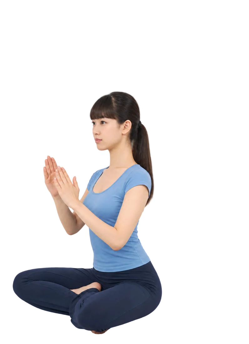 양 손바닥을 마주 대고 머리 위로 올렸다가 몸 뒤로 원을 그리며 돌리는 동작 — 4단계