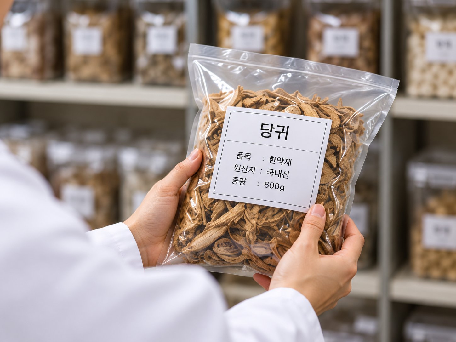 품목 표시가 붙은 투명 봉투 속 당귀를 확인하는 모습